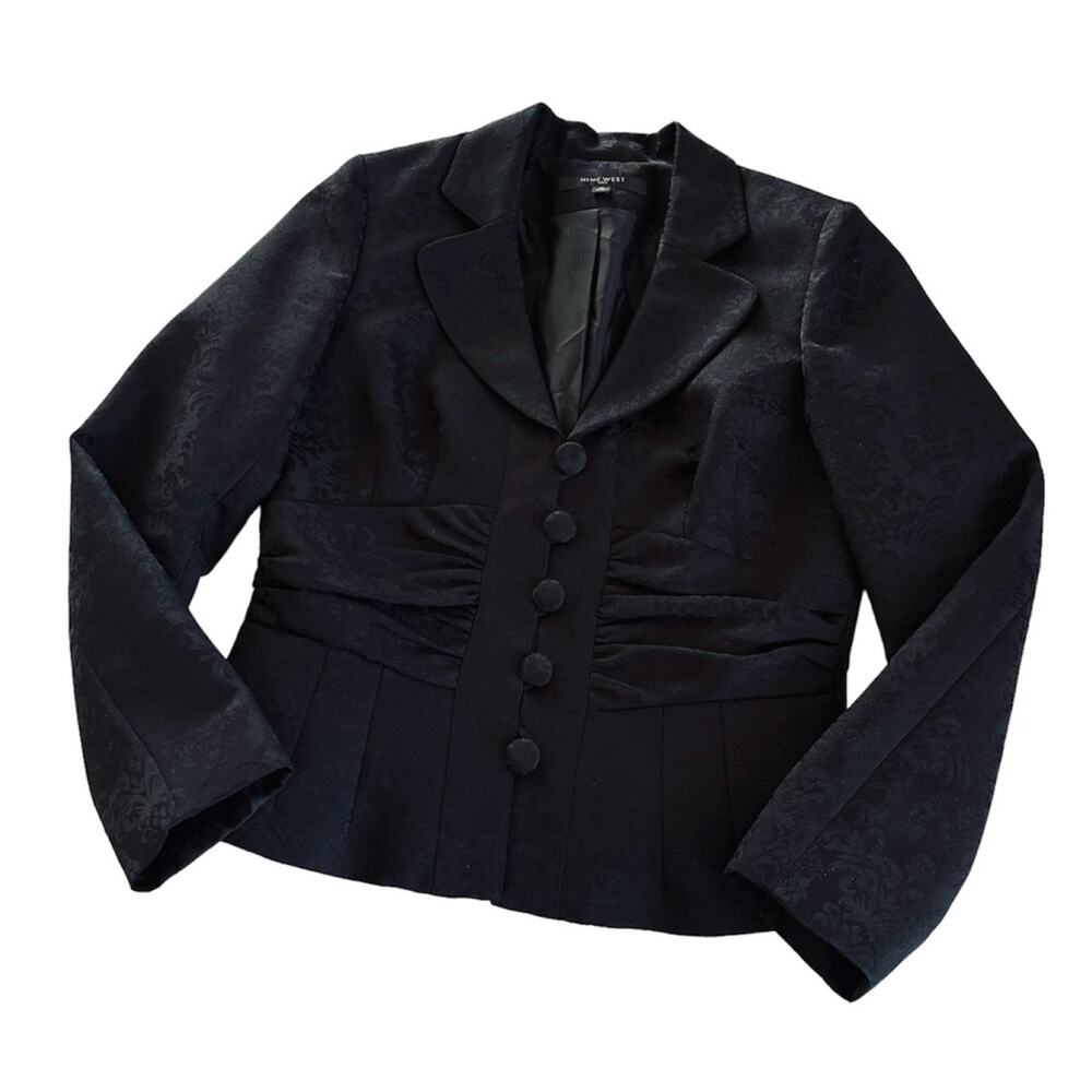 Nine West Black Floral Jacquard Button Down Blazer Jacket Size 10